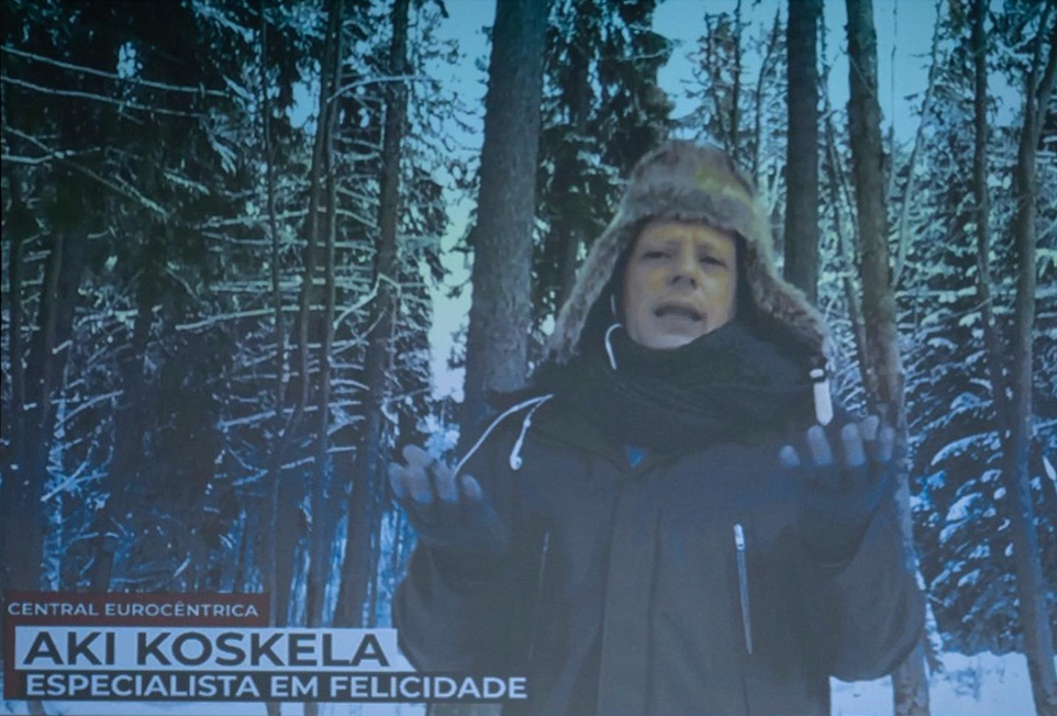 Reporter in a snowy forest